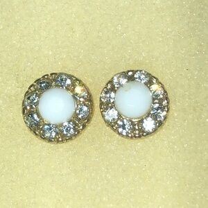 Vintage Gold Tone White CZ Rhinestones Dainty Round Pierced Earrings